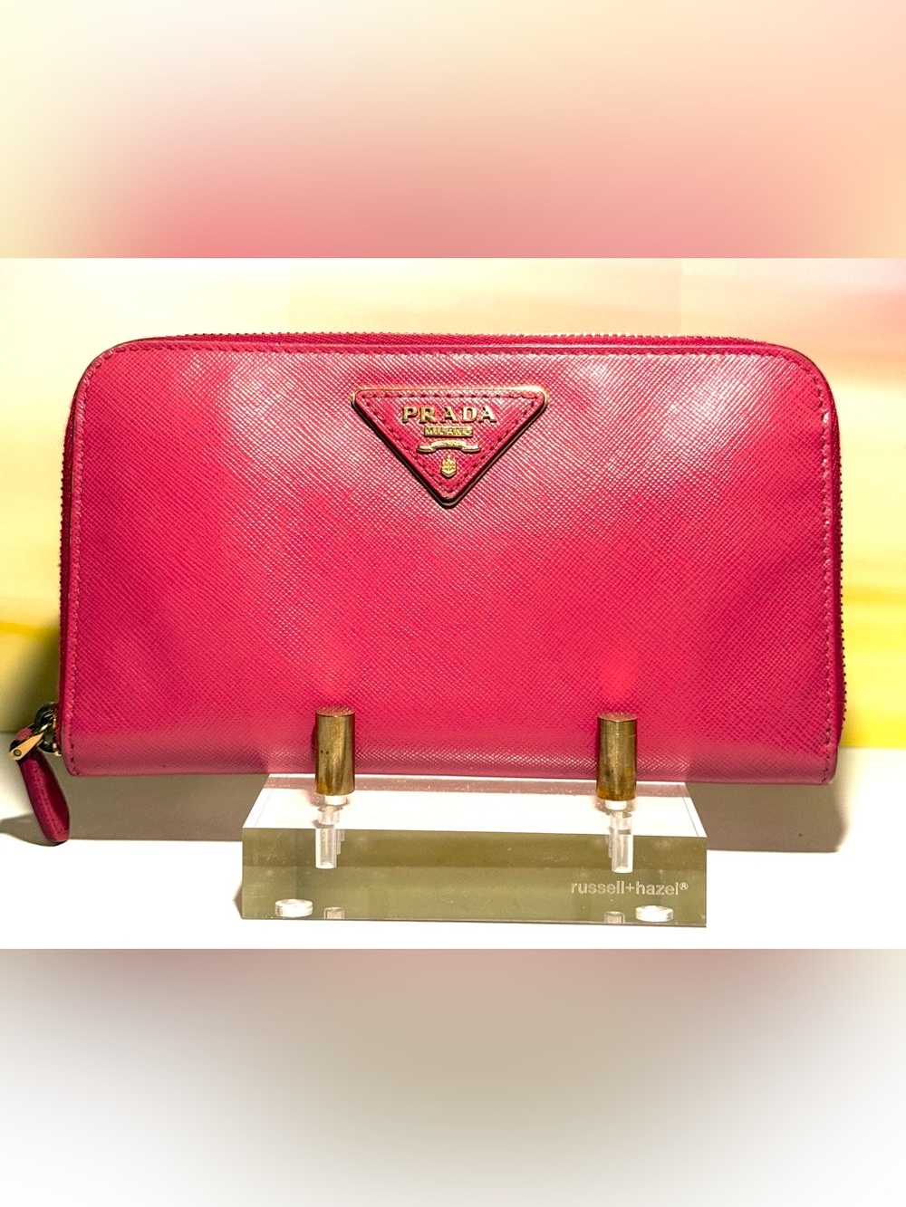 Prada Peonia (Pink) Saffiano Leather Zip Around Wallet
